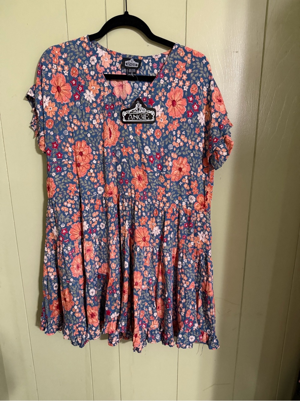 Angie Blue Floral Short Sleeve Tunic with Coral Blooms